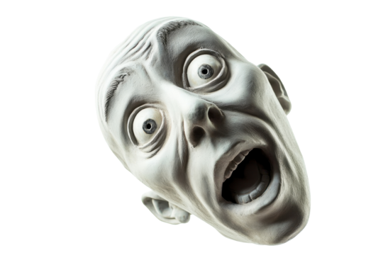 Surprised man with wide eyes looking back over his shoulder against a white background