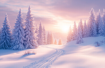 A snowy landscape with pine trees covered in snow