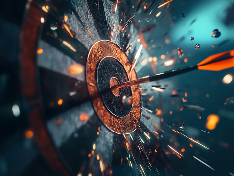 Arrow hitting bullseye on target with dramatic sparks
