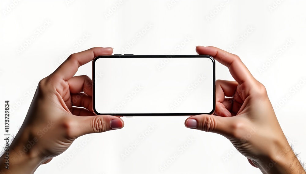 Poster hands hold horizontal smartphone mockup. empty screen display. isolated on white background. modern 
