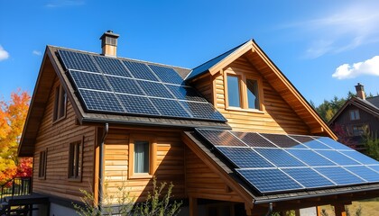 Rustic wooden cabin, solar panel roof, eco-friendly home, sustainable living, autumn trees, blue sky, green energy