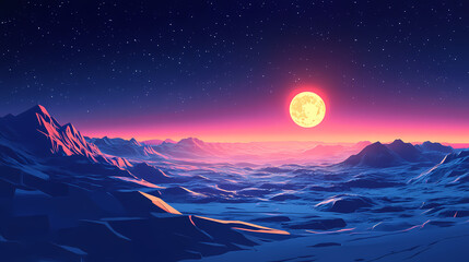 Obraz premium A lone moonrise over a vast cratered lunar terrain, rise, space. Moonrise. Illustration