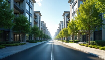 Wide asphalt road runs between modern apartment buildings. Green trees line both sides of road creating tranquil urban landscape. Bright sunlight illuminates scene creating warm summer day