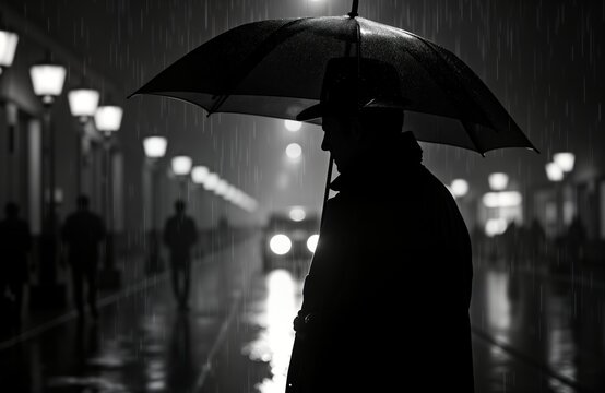 Mysterious detective stands in rainy city street at night. Dark silhouette under umbrella. City vibe foggy, rainy, shadowy. Detective looks like lost in thought. Seems like person in movie. Retro