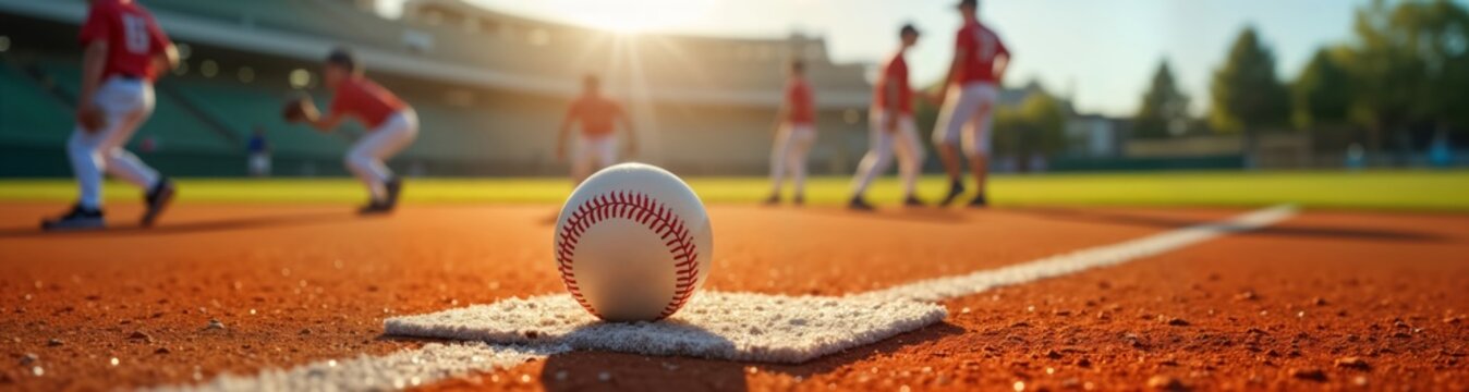 Young baseball players practice on field under sunny sky. They wear uniforms and look active. Coach guides team. This is summer sport. Players look dedicated and focused. It is great team recreation