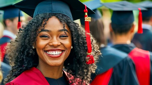 A young African American woman beams with joy in her graduation cap and gown, celebrating this significant milestone surrounded by fellow graduates. The scene conveys happiness and achievement.