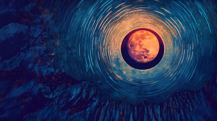 Blue moonrise abstract sphere design on dark background with grainy texture. eclipse. illustration. Moonrise. Illustration