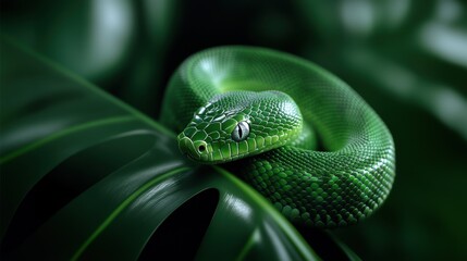 Fototapeta premium exotic serpent wildlife, a bright green snake slithering elegantly on a tropical leaf, its shimmering scales glistening in the sunlight against a lush jungle