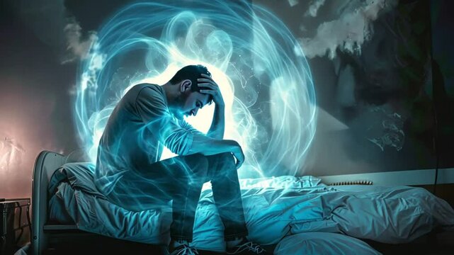 A man sits surrounded by swirling energy rays, visually portraying emotional release and transformation.