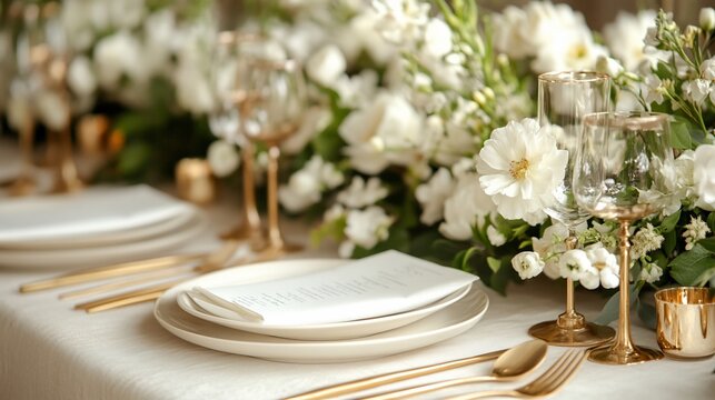 Elegant Wedding Table Setting with White Flowers and Gold Accents