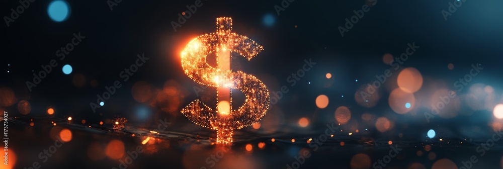 Poster bright dollar sign is glowing over a dark background with bokeh, representing concepts of finance, i