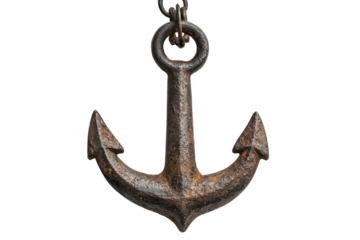 Vintage metal anchor decoration suspended on a chain against a white background highlighting its rustic and nautical charm for maritime enthusiasts