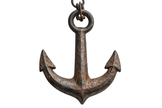 Vintage metal anchor decoration suspended on a chain against a white background highlighting its rustic and nautical charm for maritime enthusiasts