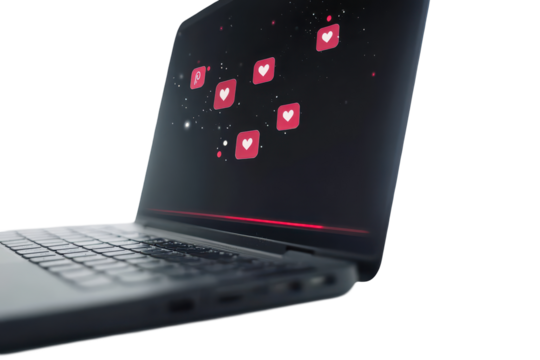Digital interaction through social media icons displayed on a laptop with a colorful background showing technology's influence in daily life