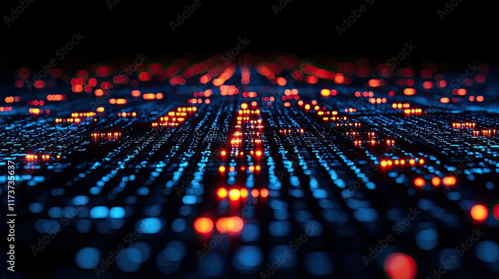 Poster abstract digital data stream, glowing particles forming lines and patterns.