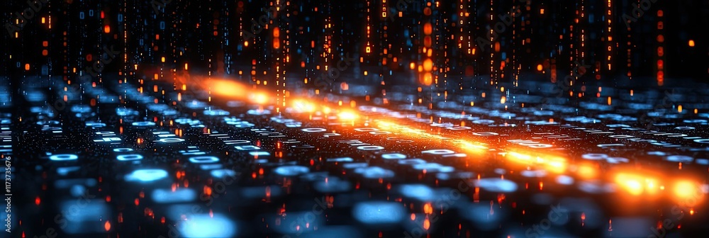Poster abstract digital data flow with glowing particles and lines.