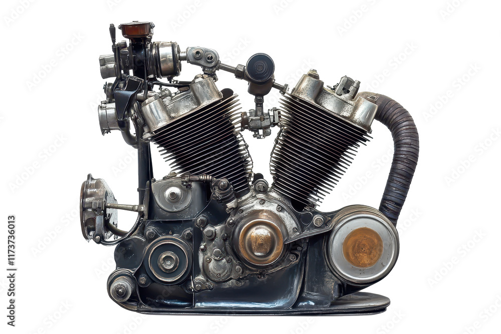 Poster detailed illustration of a motorcycle engine showcasing various components and design features in a 