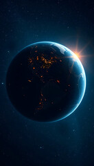 Fototapeta premium Planet Earth with city lights in space with stars, isometry, with white tones