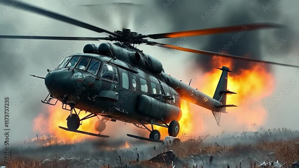 Poster helicopter is flying over a field of fire. the scene is intense and dramatic, with the helicopter be