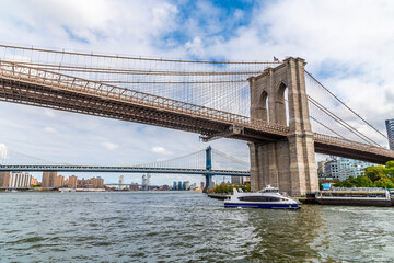 A view on the East river towards the Brooklyn bridge and Manhattan bridges in New York, in the fall