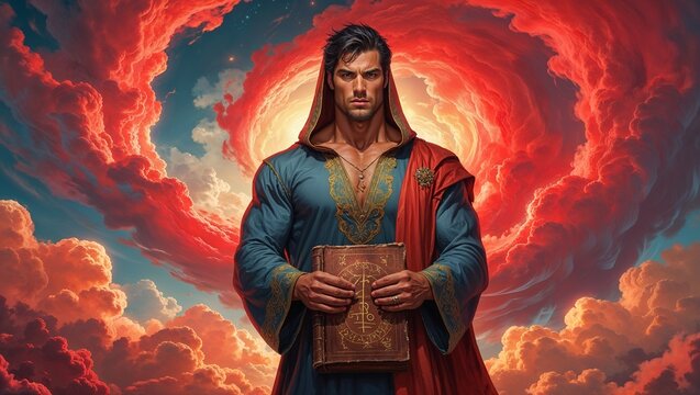 Athletic Man with Ancient Book in Front of Mystical Red Whirlwind