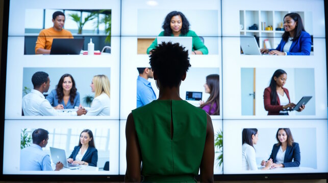 African american woman in a green dress watching a virtual meeting on a large screen. Concept for diversity, remote work, and digital collaboration