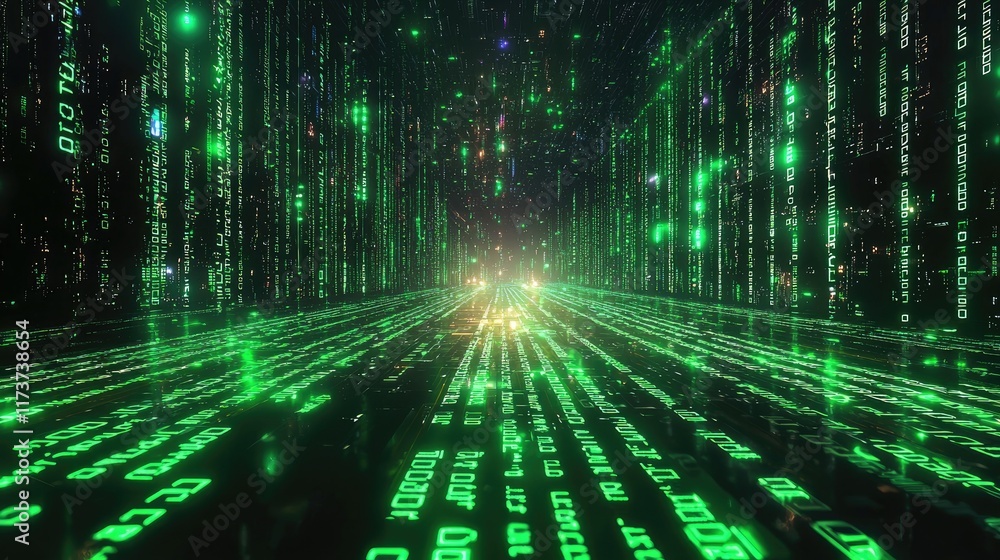 Poster abstract digital tunnel with glowing green binary code.