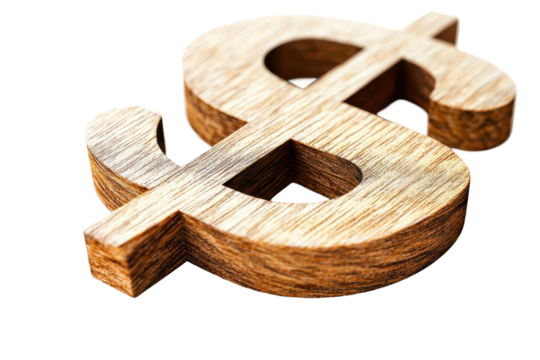 Wooden dollar sign isolated on a white background, symbolizing finance and investment strategies