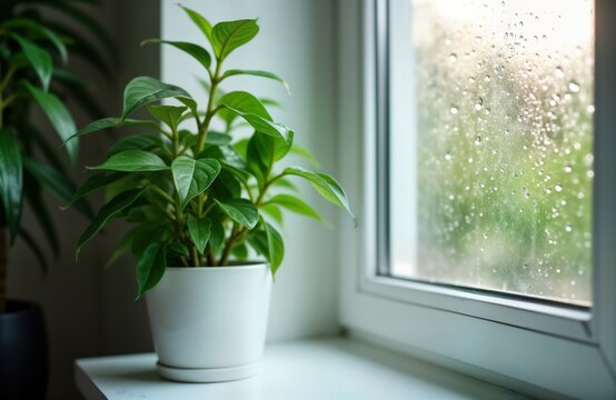 Indoor plant on windowsill. Condensation on PVC window. Close-up view of water droplets on window. Home interior with humidity. Houseplant in white pot. Cozy home atmosphere. Selective focus on