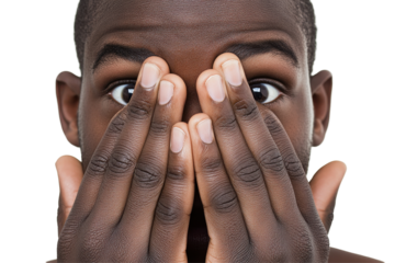 Two hands pressing against each other creating a barrier on a transparent background in a soft light setting, symbolizing privacy and separation in personal space