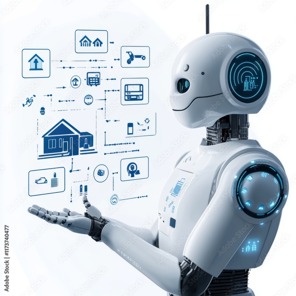 Poster smart home automation innovative robot technology modern home digital illustration futuristic enviro