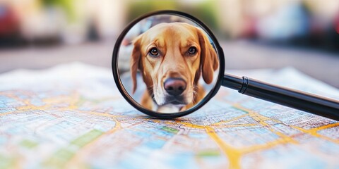 magnifying glass on dog on street map - lost and found pet tracking concept 