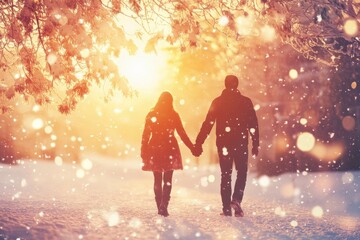 Obraz premium Couple holding hands, walking through a snowy winter wonderland at sunset. Romantic winter scene.