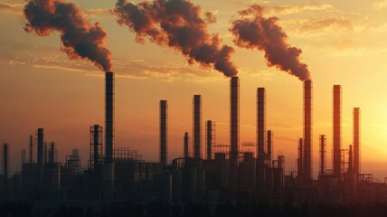 Carbon Footprint and co2 concept. Industrial smokestacks emit pollution under a vibrant sunset sky.