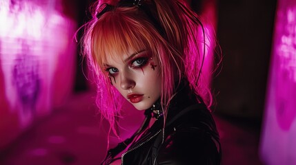 Naklejka premium Cyberpunk Girl in Neon Pink Alley