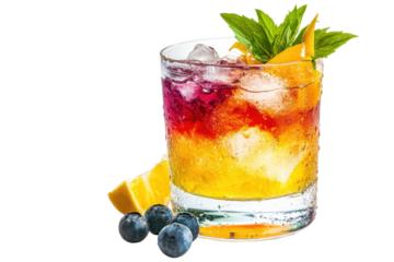 Colorful layered drink with fruit garnishes and ice cubes on a white background showcasing a refreshing summer beverage
