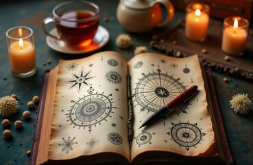Vintage mystical journal open astrology symbols. Hand-drawn designs, celestial illustrations fill antique pages. Pen rests on page. Teacup, candles create mystical atmosphere. Spiritual notebook with