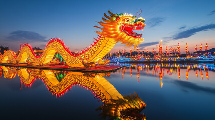 Fototapeta premium A large-scale dragon dance on a waterfront, with reflections shimmering on the water , traditional chinese dance, modern style