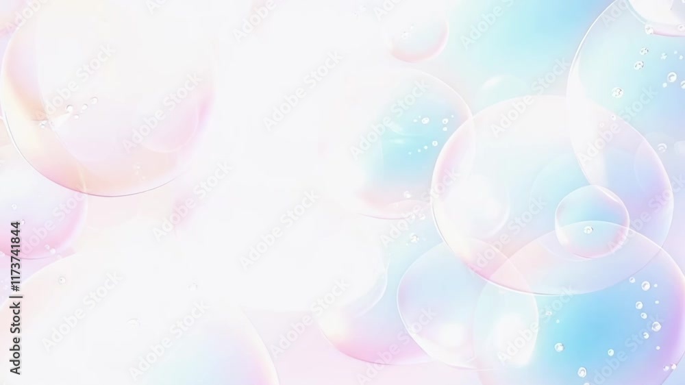 Poster Floating soap bubbles create a mesmerizing pastel colored background, enhanced by tiny shiny particles that add a touch of magic and ethereal beauty to the scene