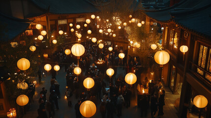 A bustling temple courtyard illuminated by lanterns during a festive New Year celebration , traditional chinese lanterns, modern style