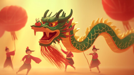 A vibrant dragon dance featuring a green wooden dragon being carried by performers , Chinese Green Wooden Dragon , vector style
