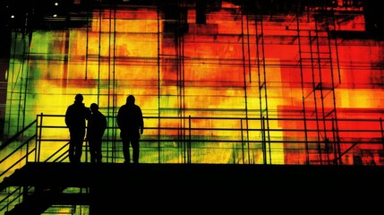 Urban Workers Silhouetted Against Vibrant Background