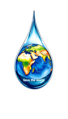 Fototapeta premium planet earth inside a drop of water. concept of ecology. save the world, color sketch, with white tones
