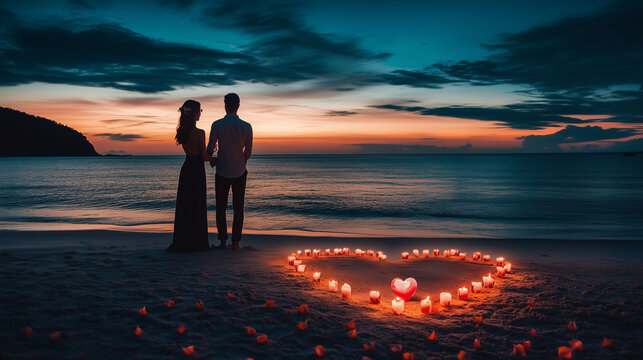 A romantic beachside evening with a heart-shaped candle arrangement and the man offering flowers , man hold flowers for his women, modern style