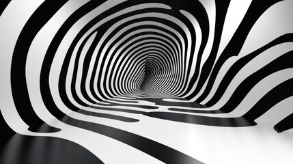 Black and white optical illusion of a tunnel, creating a sense of depth and movement