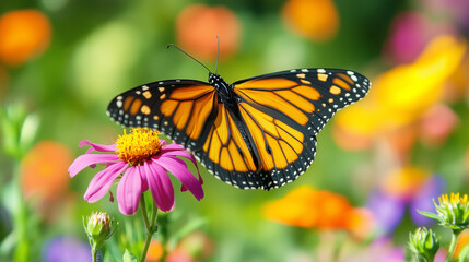 Fototapeta premium A butterfly landing on a vibrant wildflower in a meadow, animal in nature, modern style
