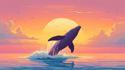 Fototapeta premium A whale breaching the ocean surface during a sunset, animal in nature, modern style