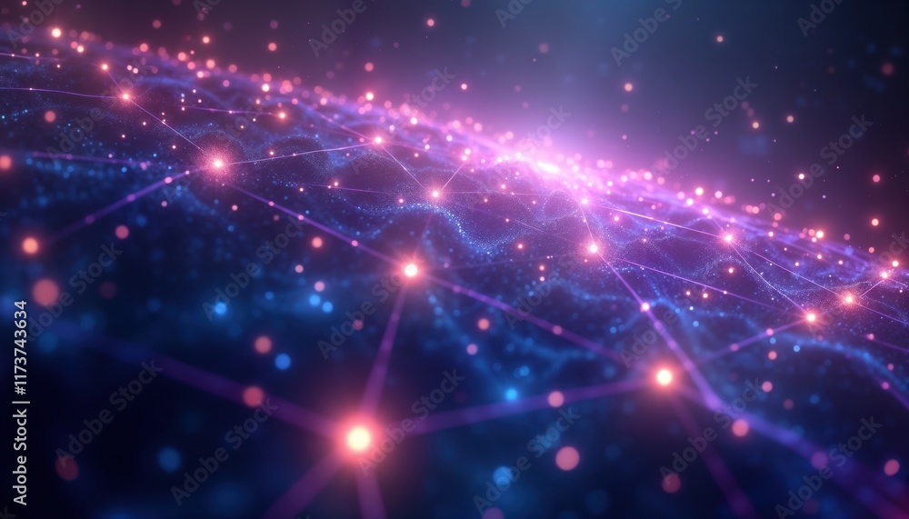 Poster abstract universe illustration shows glowing spheres connected by cosmic energy lines. glowing parti