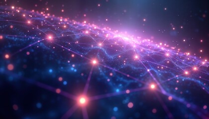 Fototapeta premium Abstract universe illustration shows glowing spheres connected by cosmic energy lines. Glowing particles form network of connections. Dynamic fractal pattern creates mystical, futuristic effect.