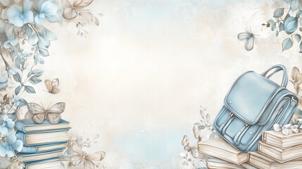 Watercolor illustration of books and a blue backpack with flowers